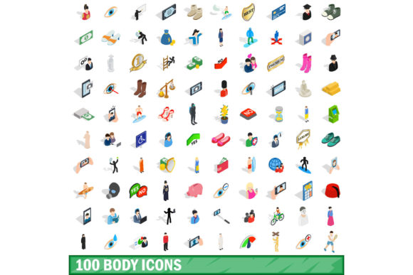 100 Body Icons Set, Isometric 3d Style