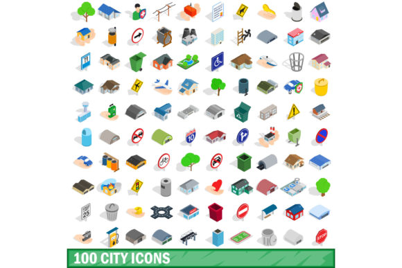 100 City Icons Set, Isometric 3d Style