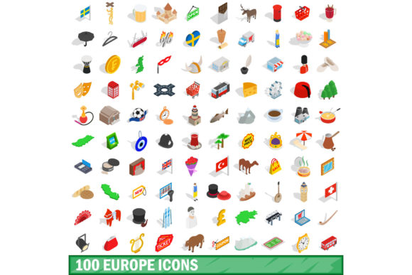 100 Europe Icons Set, Isometric 3d Style