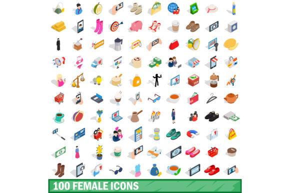 100 Female Icons Set, Isometric 3d Style