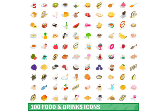 100 Food and Drinks Icons Set, Isometric