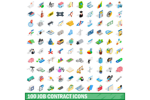 100 Job Contract Icons Set, Isometric 3d
