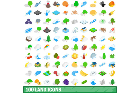 100 Land Icons Set, Isometric 3d Style