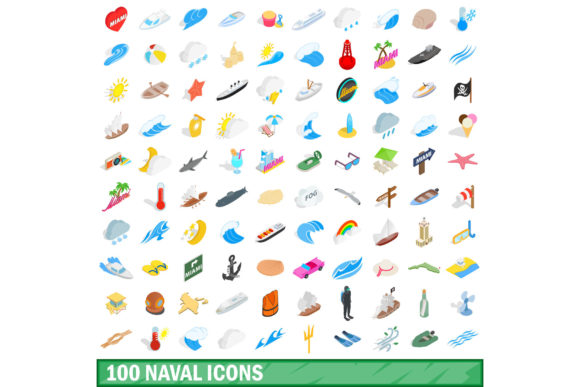 100 Naval Icons Set, Isometric 3d Style