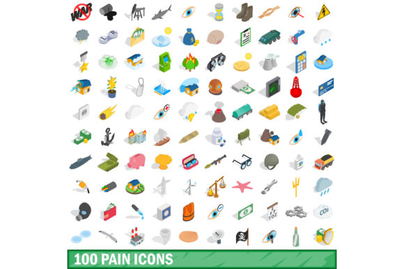 100 Pain Icons Set, Isometric 3d Style