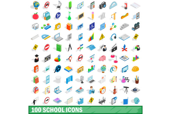 100 School Icons Set, Isometric 3d Style