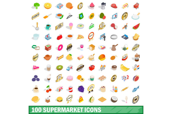 100 Supermarket Icons Set: Isometric 3D Design Resource