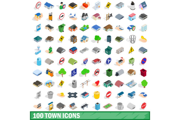 100 Town Icons Set, Isometric 3d Style