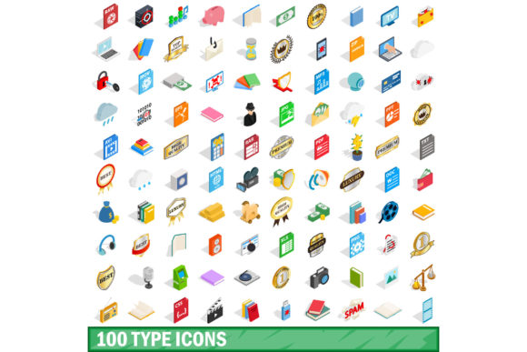100 Type Icons Set, Isometric 3d Style