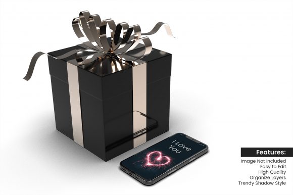 Elevate Your Brand Identity with a Premium Black 3D Gift Box Mockup and Smartphone